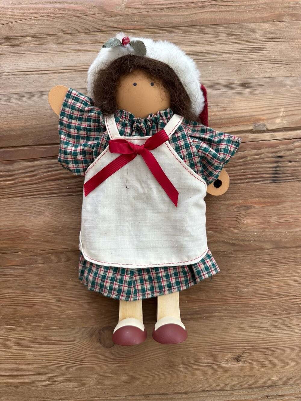 Lizzie High Vintage Christmas Wooden Doll with Plaid Dress and Apron